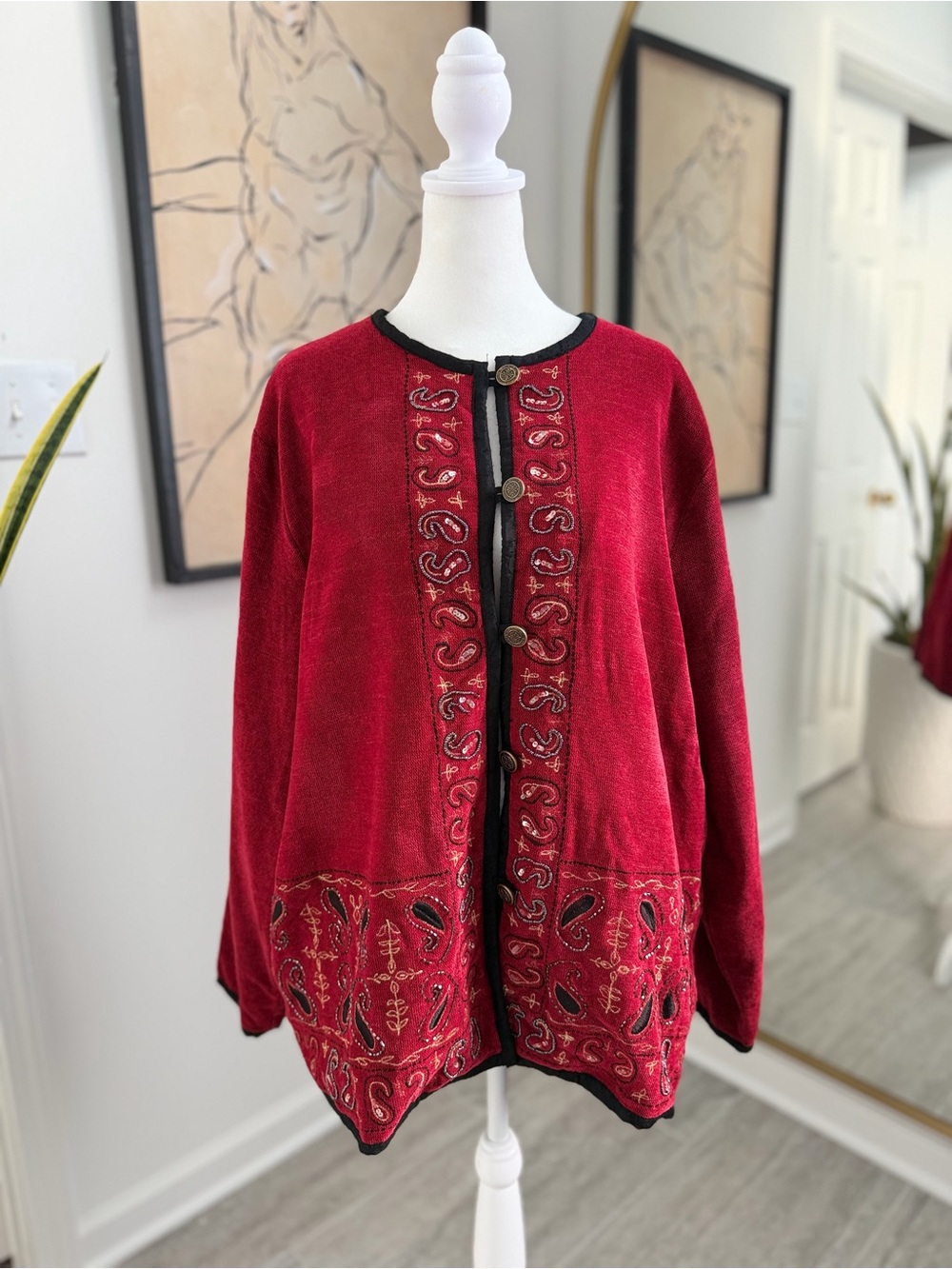 Vintage 90s Red Boho Paisley Embroidered Beaded Cardigan Jacket XL White Stag